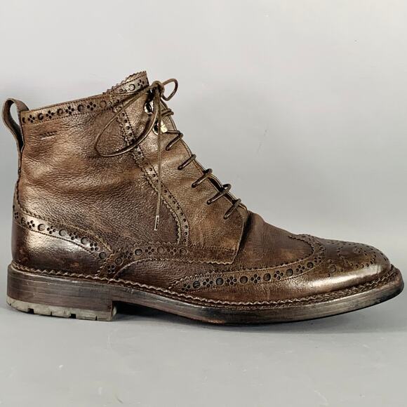 BALLY Size 10 Avery Brown Perforated Pebble Grain Leather Wingtip Boots - Picture 2 of 9